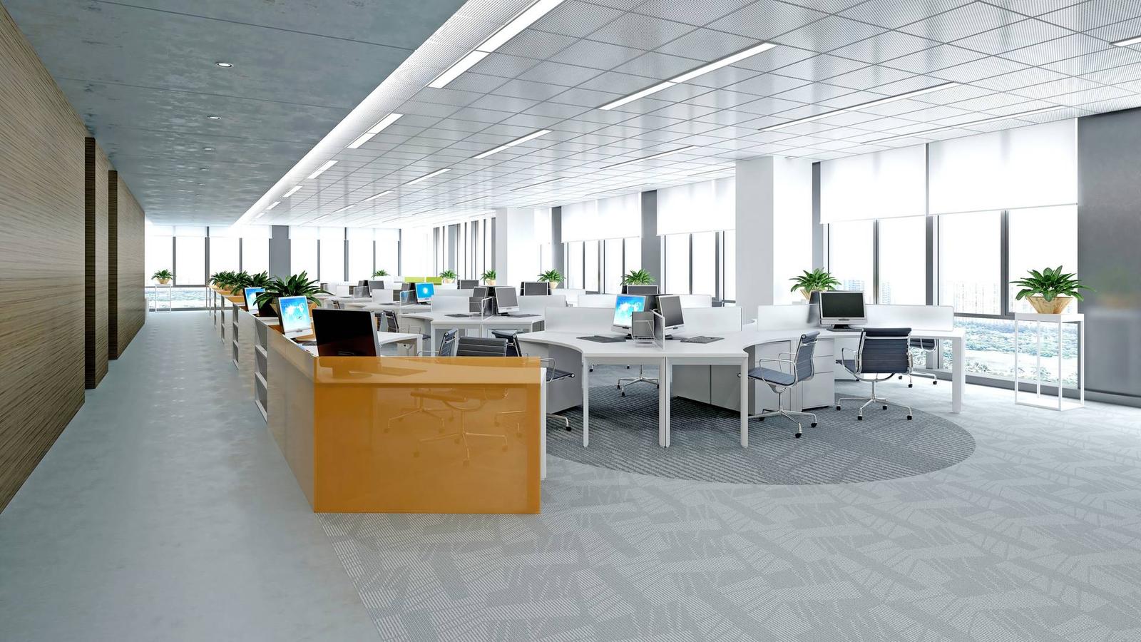 Open-plan office with rows of desks